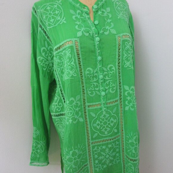 Embroidered Tunic Top Blouse Cheery Green Rayon Bohemian - Picture 8 of 8